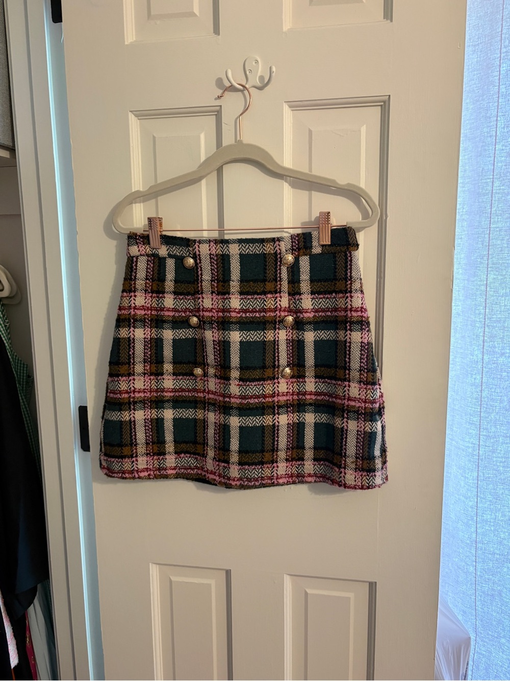 Plaid Double-Breasted Mini Skirt in Green and Pink